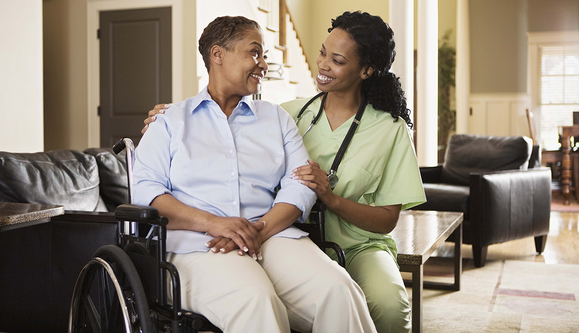 A nurse cares for a woman in a wheelchair in her home. There are two basic kinds of home-care services that Medicare and other insurers cover: skilled care, which is provided by a health care professional, primarily a nurse, therapist (physical, occupational or speech) or social worker; and personal care, such as help with bathing, grooming or other such tasks, provided by home health aides, also called personal care workers or attendants.